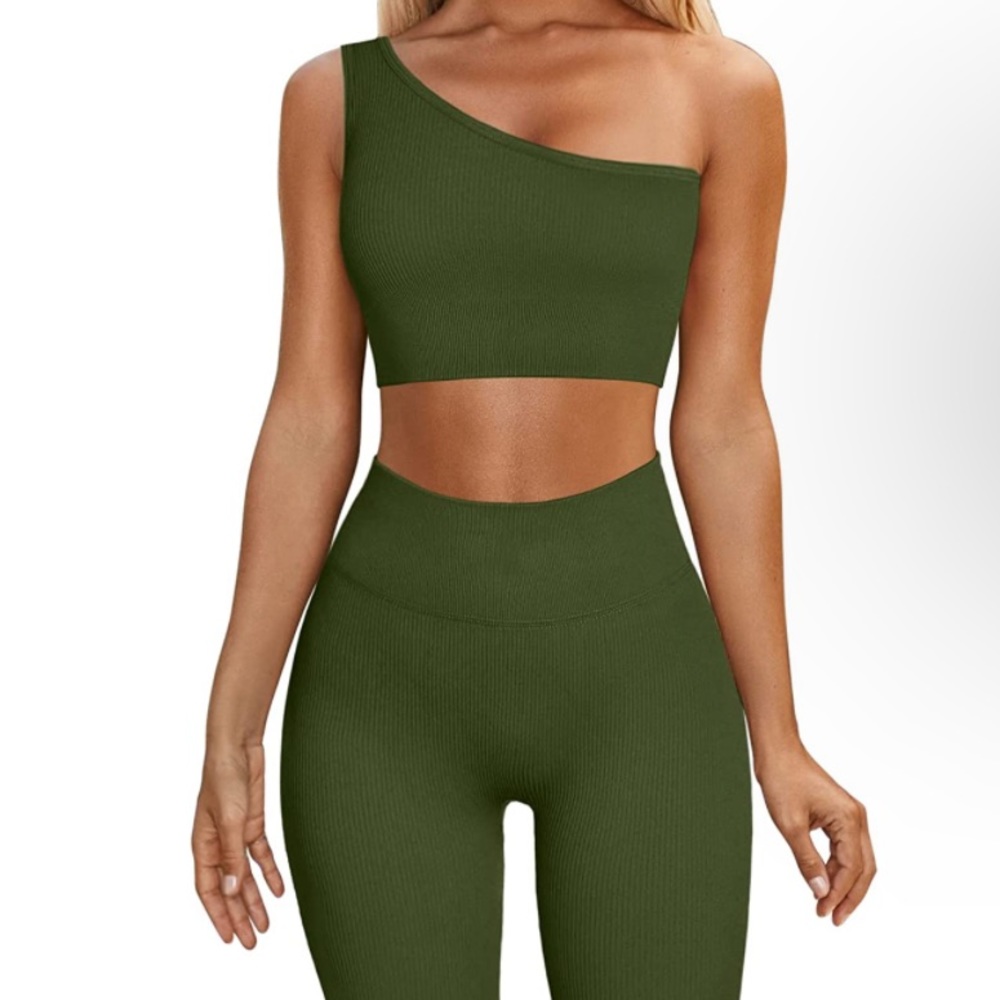 2 Pcs Workout Set Women One Shoulder Ribbed Sport Bra Seamless Leggings